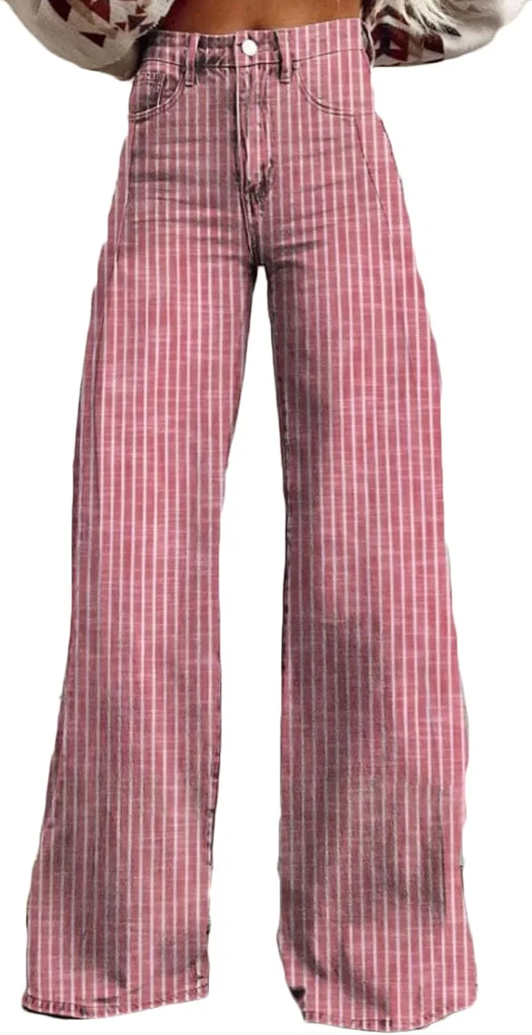 Широкие брюки для женщин с высокой талией, прямые, в полоску, повседневные, палаццо с карманами Generic, розовый
