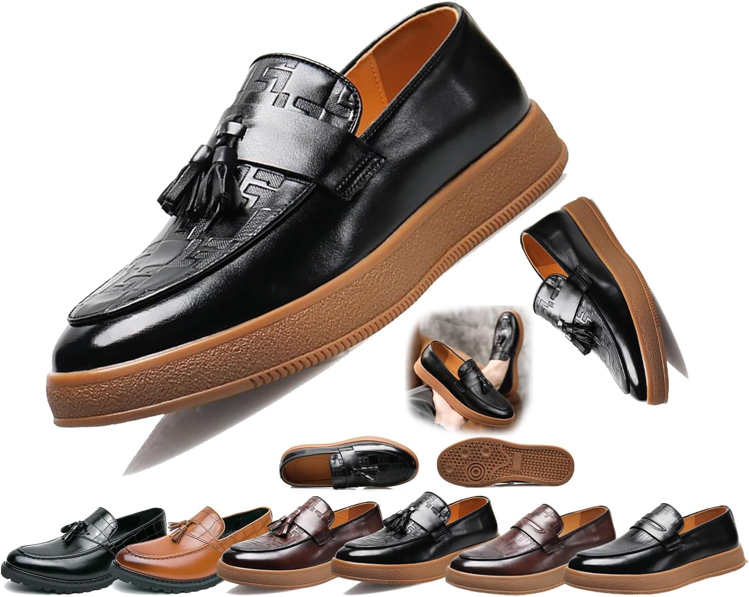 

Мужские кожаные лоферы с кисточками в клетку, ретро с круглым носком, удобные нескользящие, на плоской подошве, для свиданий, бизнеса и вечеринок Generic, черный