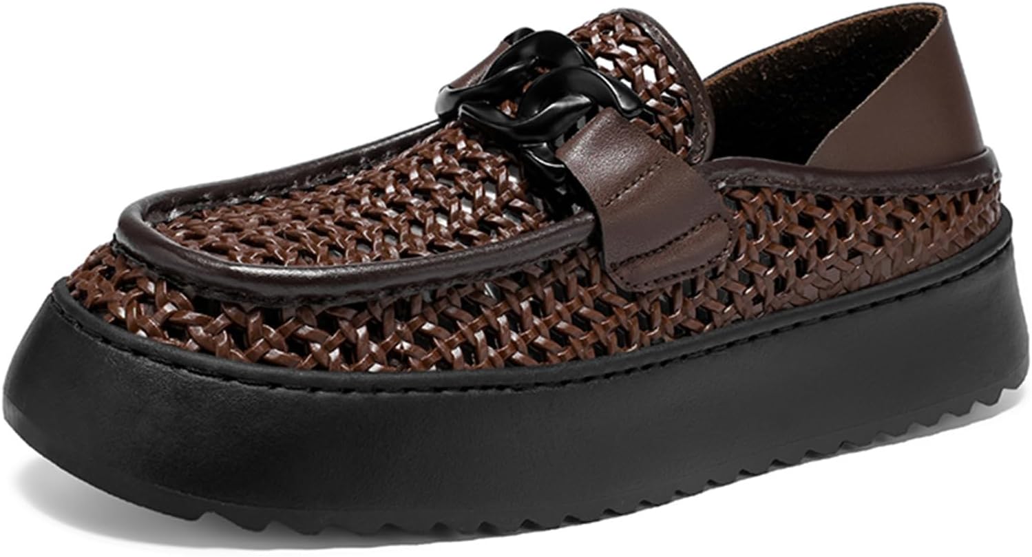 

Мужские дышащие плетеные кожаные лоферы на платформе с закрытым круглым носком, низкие туфли с массивным каблуком, повседневные мокасины, лодочные туфли для офиса, вечеринок, официальных событий и свадеб Tixewsjh, коричневый
