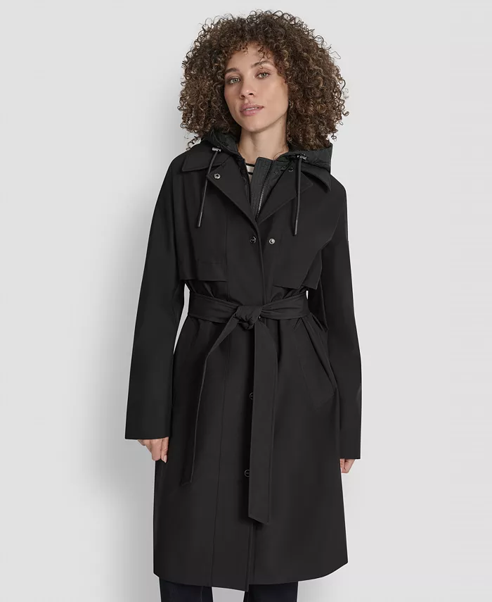 

Женский тренчкот с капюшоном и поясом DKNY, черный