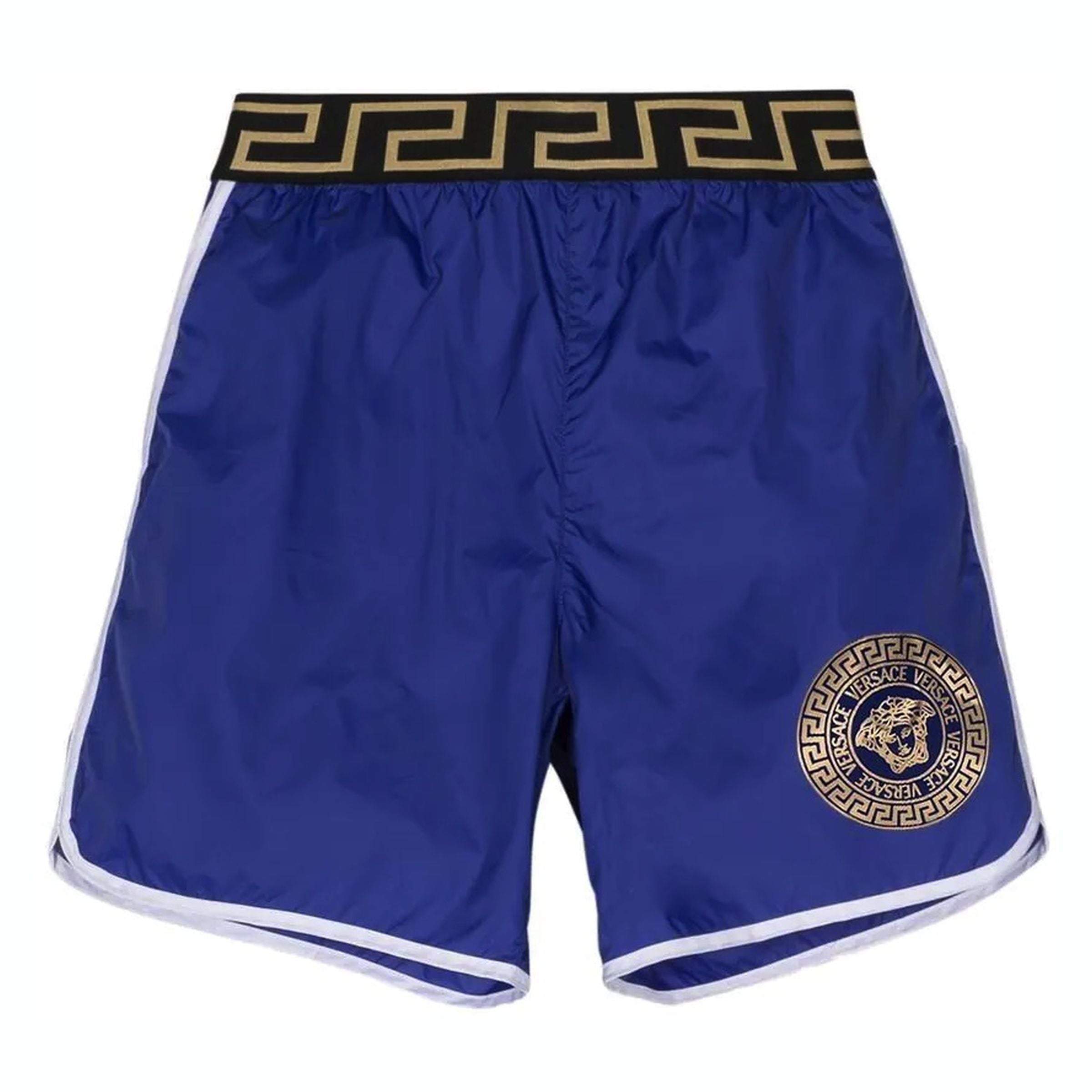 

Синие шорты для плавания с узором Greca и поясом Versace