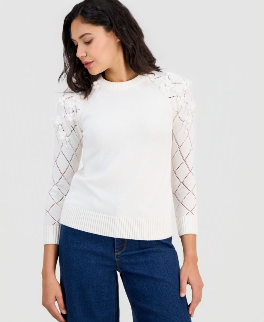 

Женский свитер с длинными рукавами и цветочной отделкой Anne Klein, White Dove