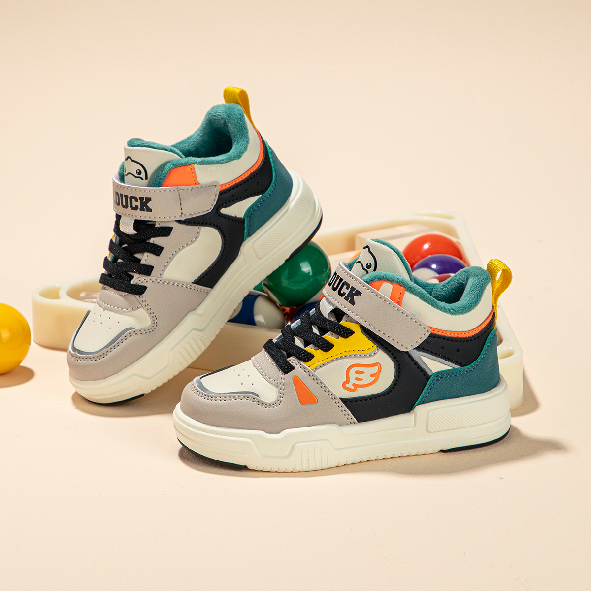 Желтые термо High top детские скейтбординг кроссовки для детей 3-7 лет B.Duck, бежевый/серый/черный — фото 4