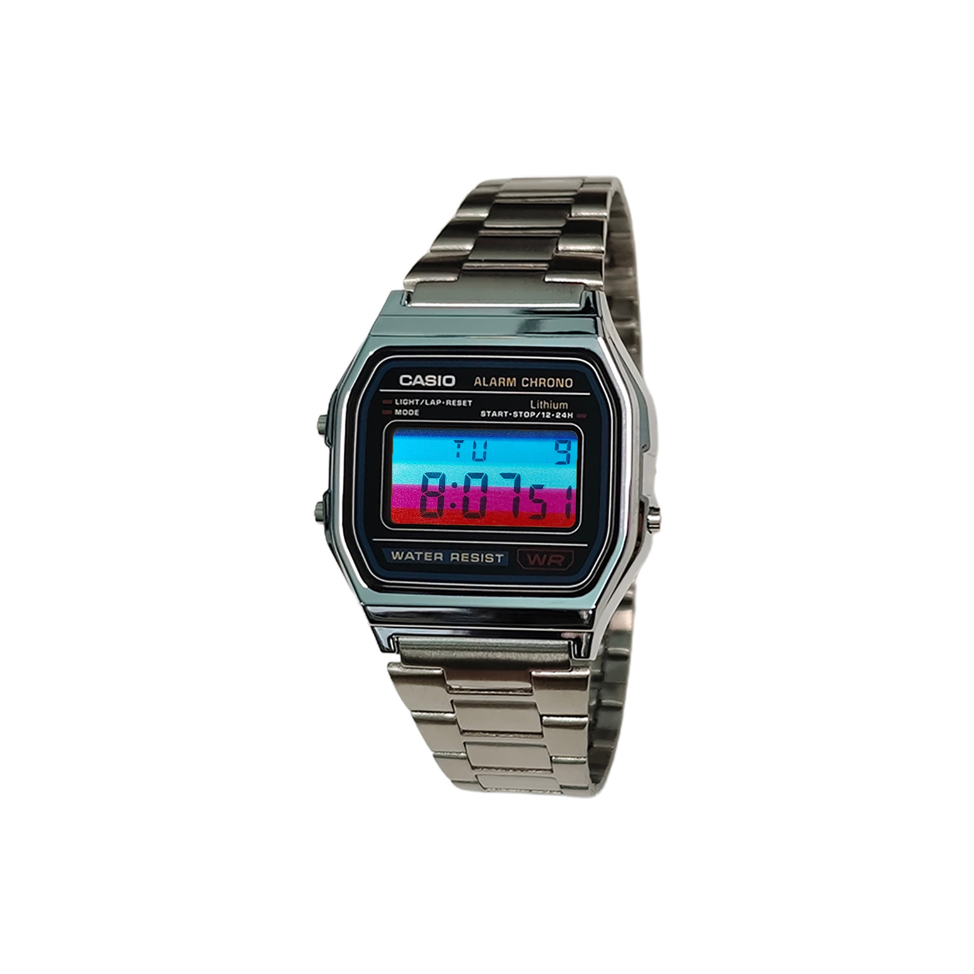 

CASIO Часы Retrofit Series Quartz Movement Stainless Steel Strap Watch Unisex Black Dial, Black Dial with Blue and Red Stripes, Watch Crystal
