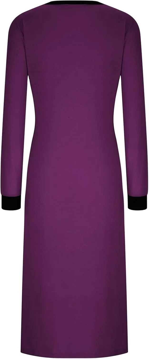 Женское повседневное длинное платье с длинными рукавами, V-образным вырезом, свободного кроя, модное и удобное, макси-платье с боковым разрезом и карманами Generic, фиолетовый — фото 3