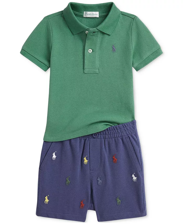 

Детский комплект для мальчиков: поло и шорты с вышивкой Polo Ralph Lauren, зеленый