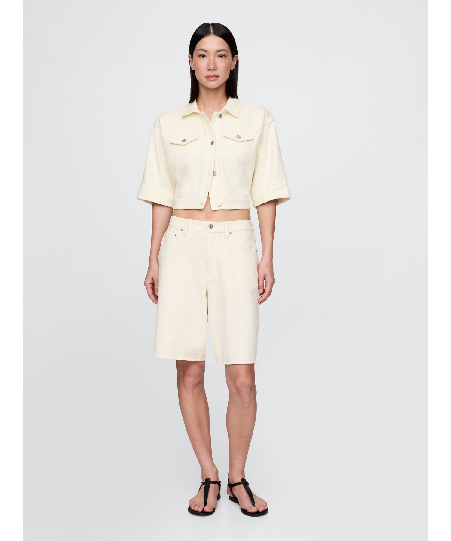 (W) Укороченная джинсовая куртка из плотной французской махровой ткани GAP, WHITE_SAIL — фото 4