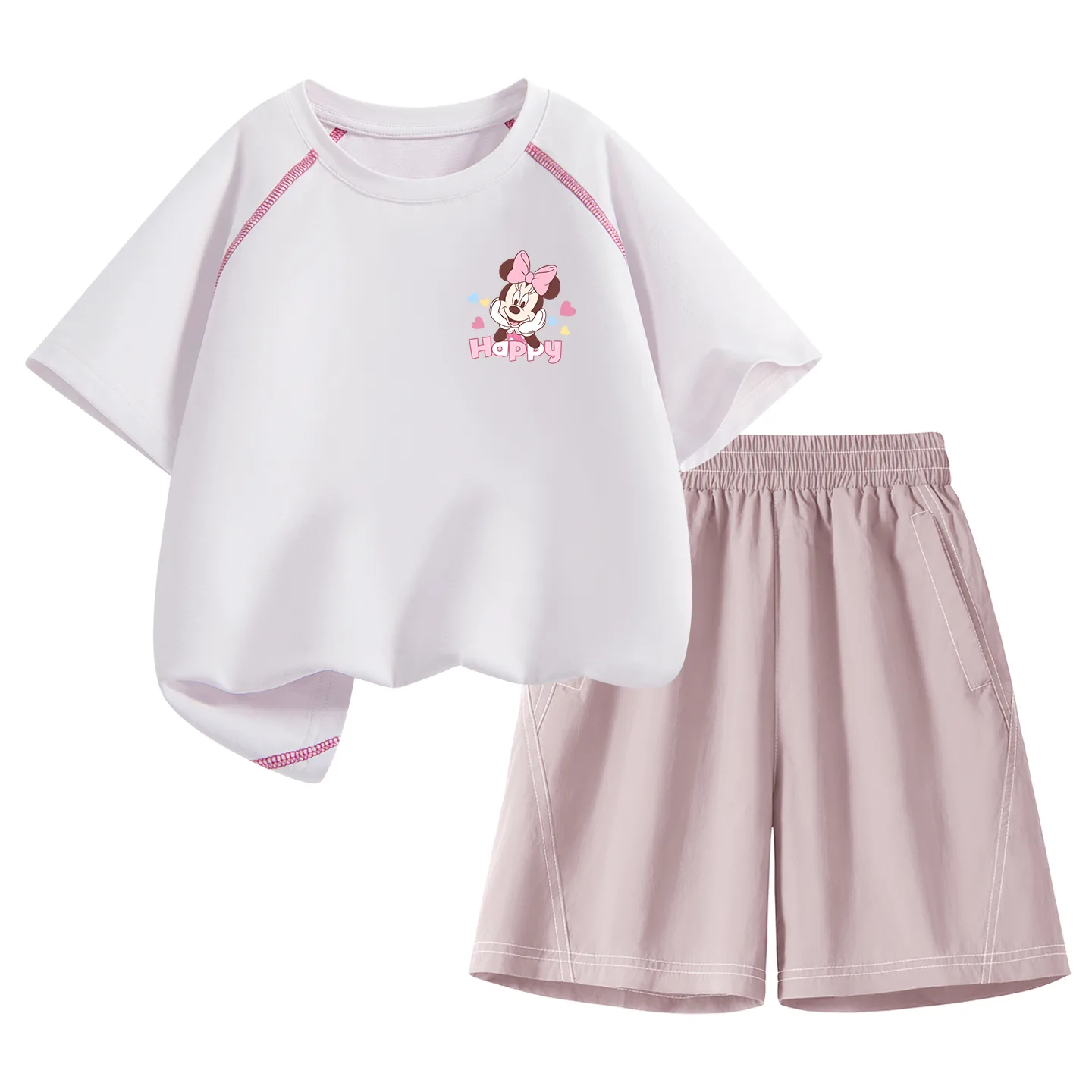 Детская спортивная футболка с круглым вырезом Disney, DiCai Xin Xiao K Soft Peach Pink+Solid Color Soft Peach Pink