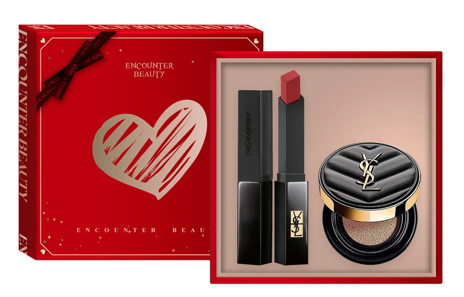 Подарочный набор парфюмерии Yves Saint Laurent: губная помада Rouge Pur Couture 302 + тональная основа-кушон Le Cushion Encre de Peau