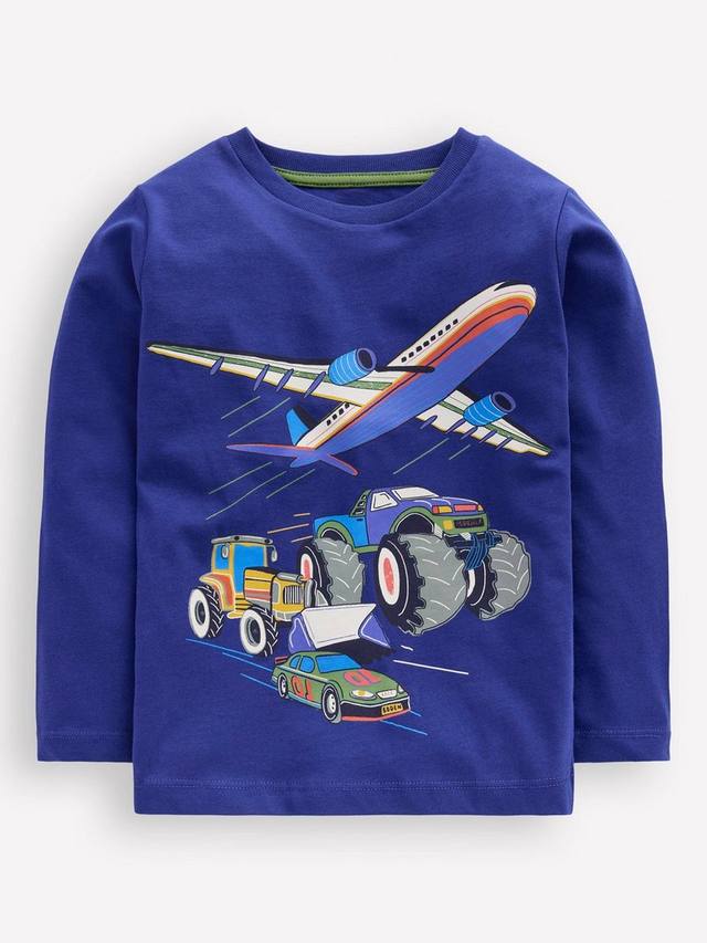 

Детская футболка с длинным рукавом из хлопка с принтом Mini Boden, Blue Vehicles