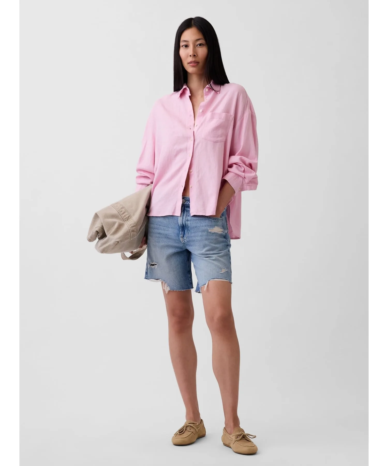 (W) Рубашка оверсайз из смесовой льняной ткани GAP, PRIMROSE_PINK — фото 2