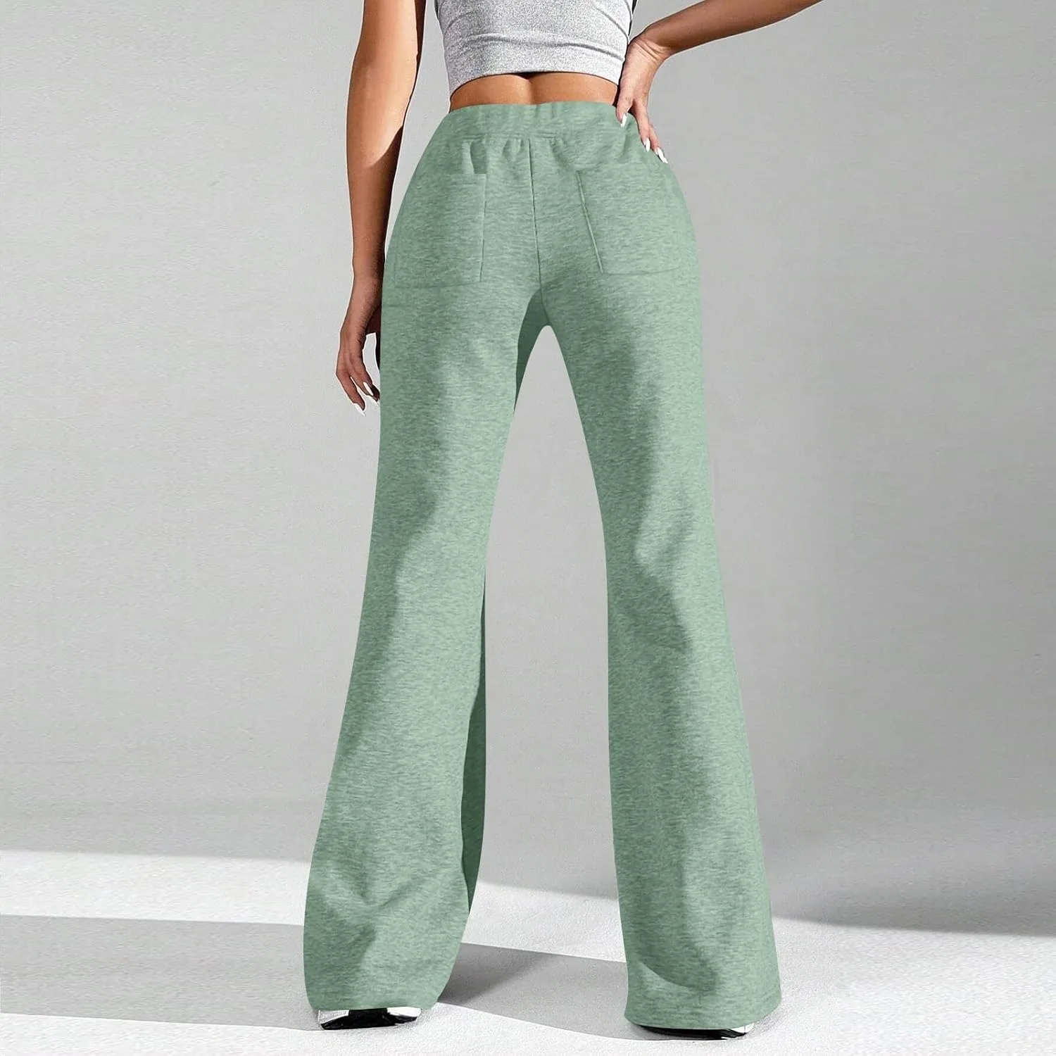 Flare Sweatpants женские для тренировок в зале и йоги, спортивные широкие брюки с карманами, свободные леггинсы с высокой талией Generic, зеленый — фото 4