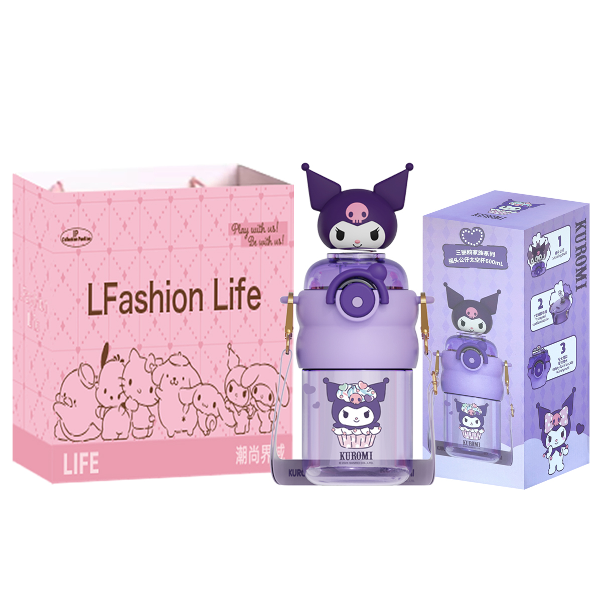 

Коллекция Hello Kitty, коллекция My Melody, пластиковая бутылка для воды Tritan с соломинкой 600мл Sanrio, Kuromi+Shopping Bag