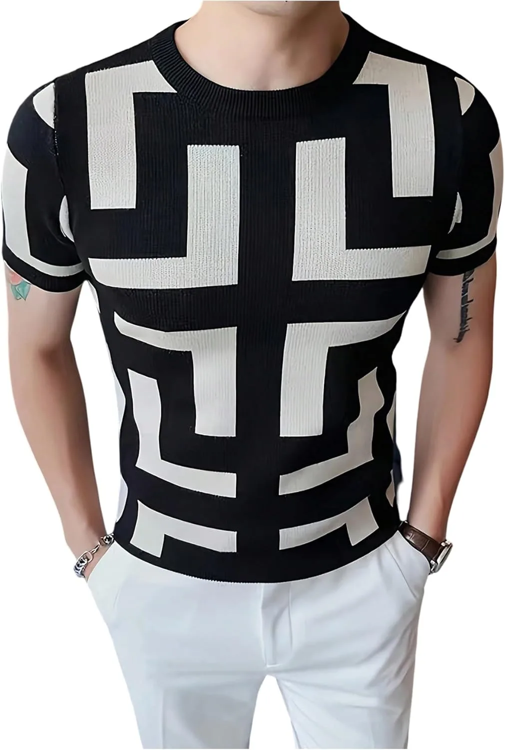 

Мужской свитер Verdusa с геометрическим принтом, короткий рукав, slim fit