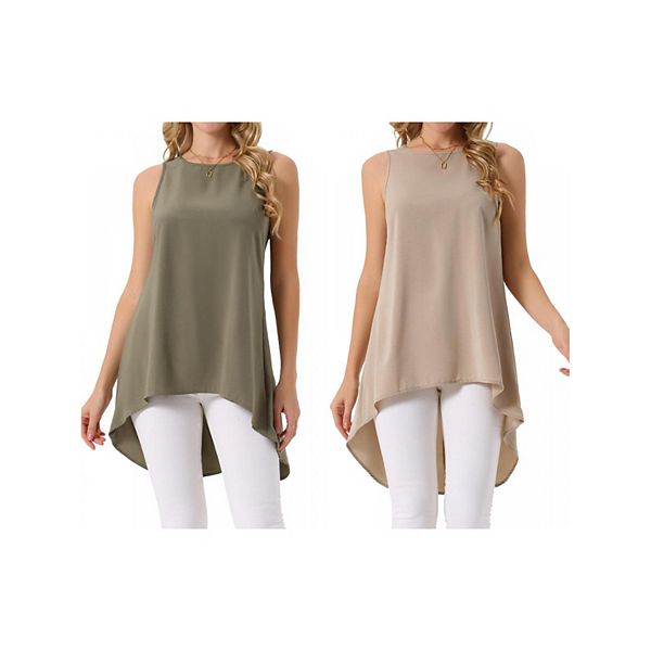 

2 упаковки женской повседневной блузки с асимметричным подолом sleeveless crewneck Inspire Chic, Dark Olive Green Khaki