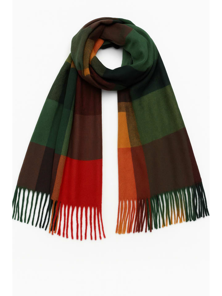 

Мягкий вязаный шарф с бахромой и геометрическим узором в красно-оранжевом цвете. Faera