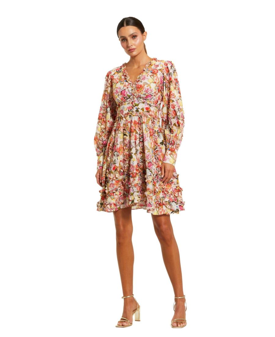 

Женское хлопковое мини-платье с V-образным вырезом, оборками и разноцветным цветочным принтом Mac Duggal, Pink multi