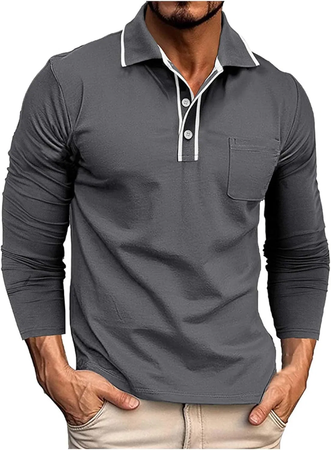 Мужская рубашка поло с длинным рукавом, с карманом, Dark Gray — фото 2