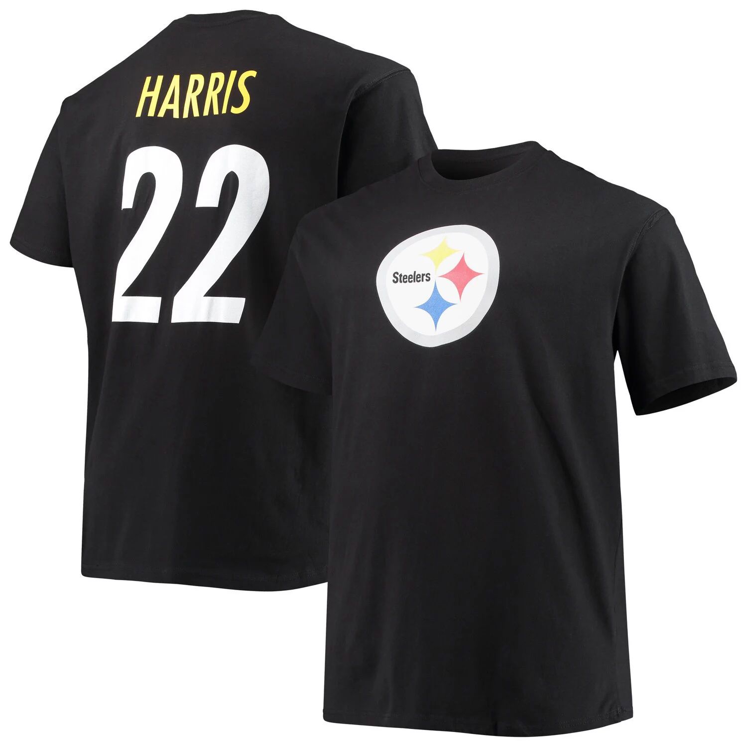 

Мужская черная фирменная футболка Najee Harris Pittsburgh Steelers Big & Tall с именем и номером игрока Fanatics, Черный, Мужская черная фирменная футболка Najee Harris Pittsburgh Steelers Big & Tall с именем и номером игрока Fanatics