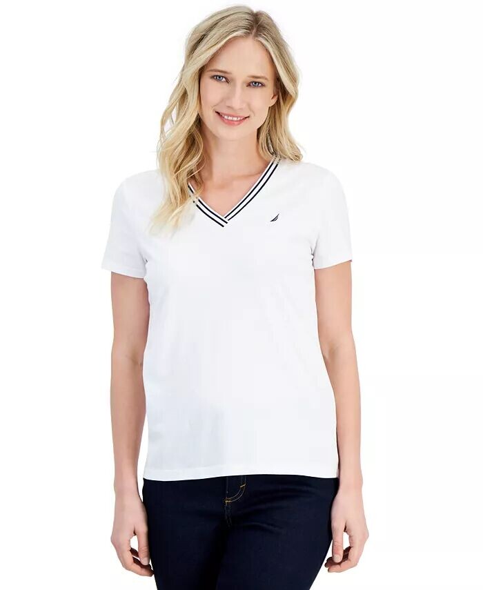 

Женский однотонный с V-образным вырезом и полосками Nautica Jeans, белый