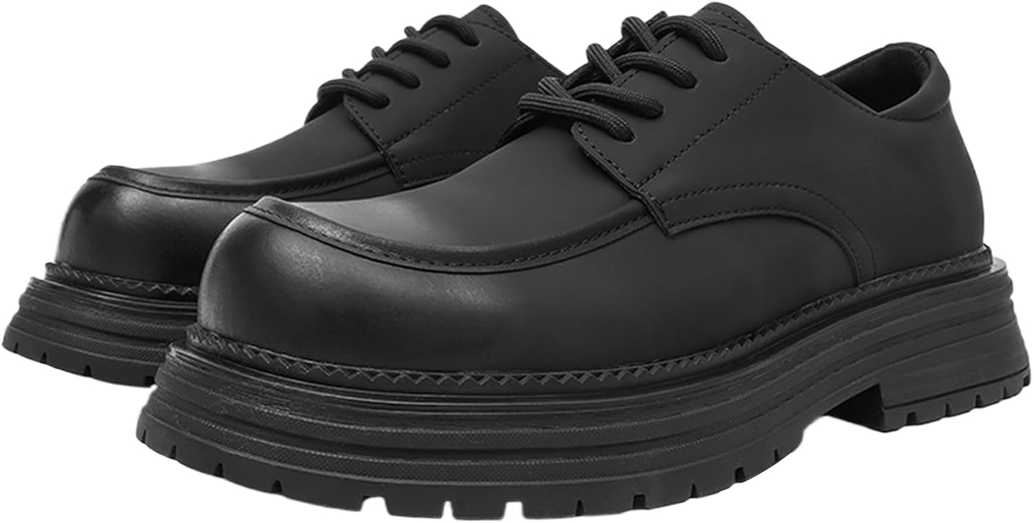 

Мужские кожаные оксфорды с квадратным носком на платформе, модные, шнуровка, подошва с протектором, нескользящие, туфли дерби для бизнеса, офиса и повседневной носки Bangteuo, черный