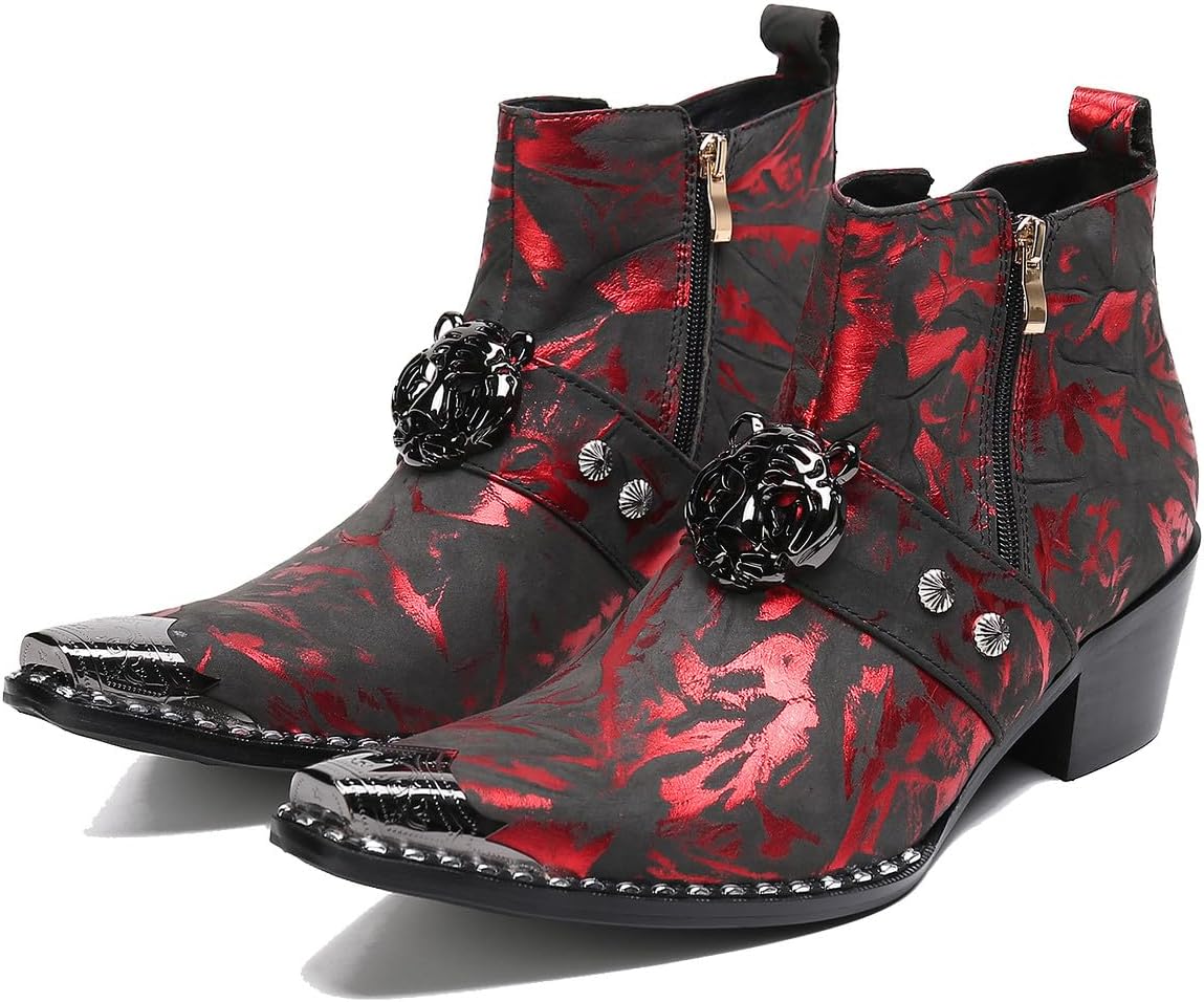 

Мужские западные панк-кожаные ботинки Santimon Mens Chelsea на щиколотку с металлическим носком в виде льва - черные, повседневные, готические, рок, с пряжкой, ковбойские ботинки для вечеринок, сцены и клубной одежды