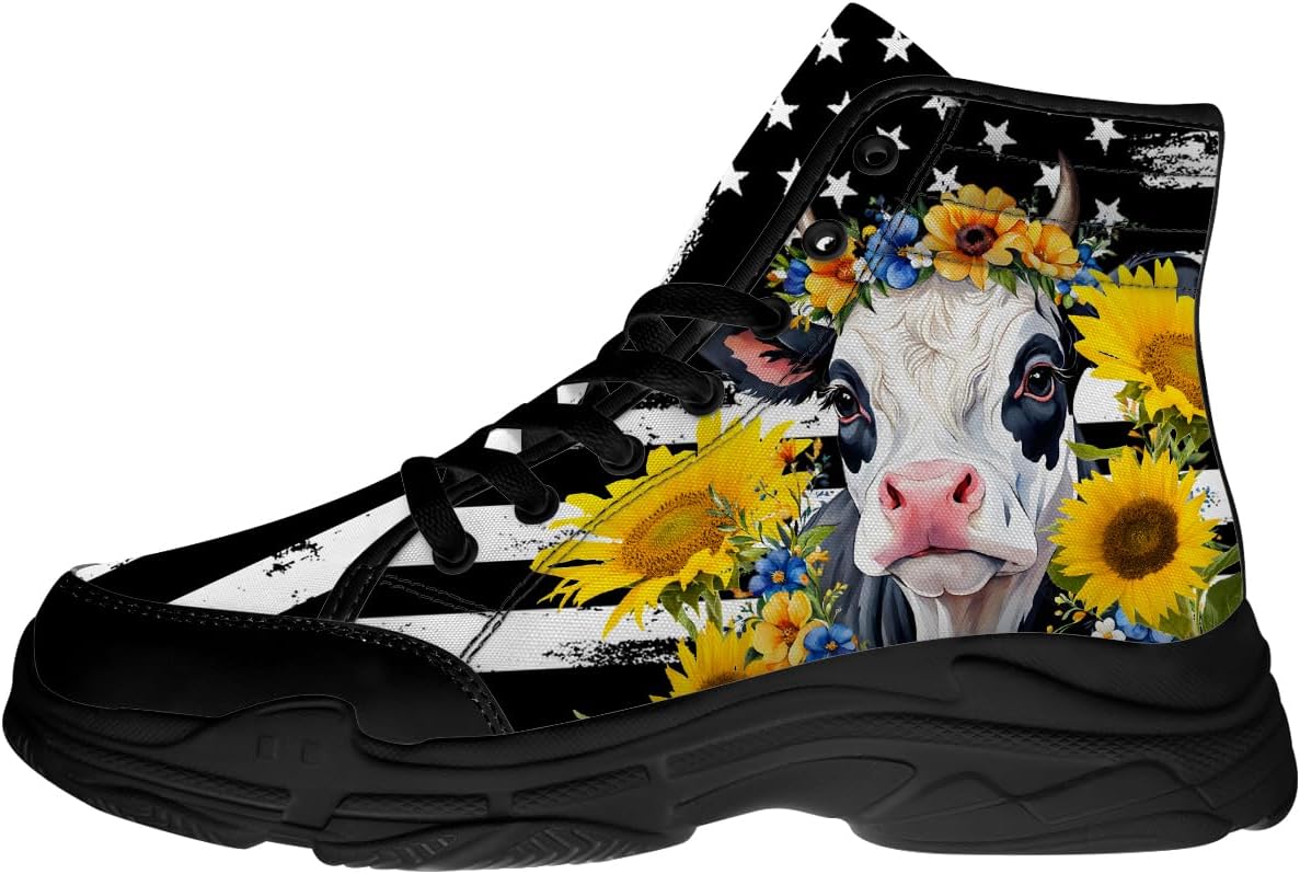 

Женские высокие кеды с флагом США и изображением коровы, обувь на платформе с шнуровкой, подарок для нее или для него Generic, черный/синий/желтый