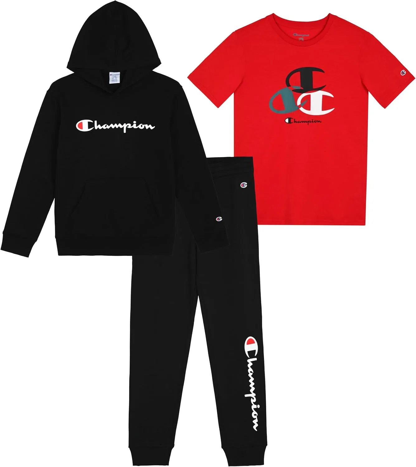 Детский спортивный костюм Champion, 3 предмета: худи, штаны, футболка, Black-red