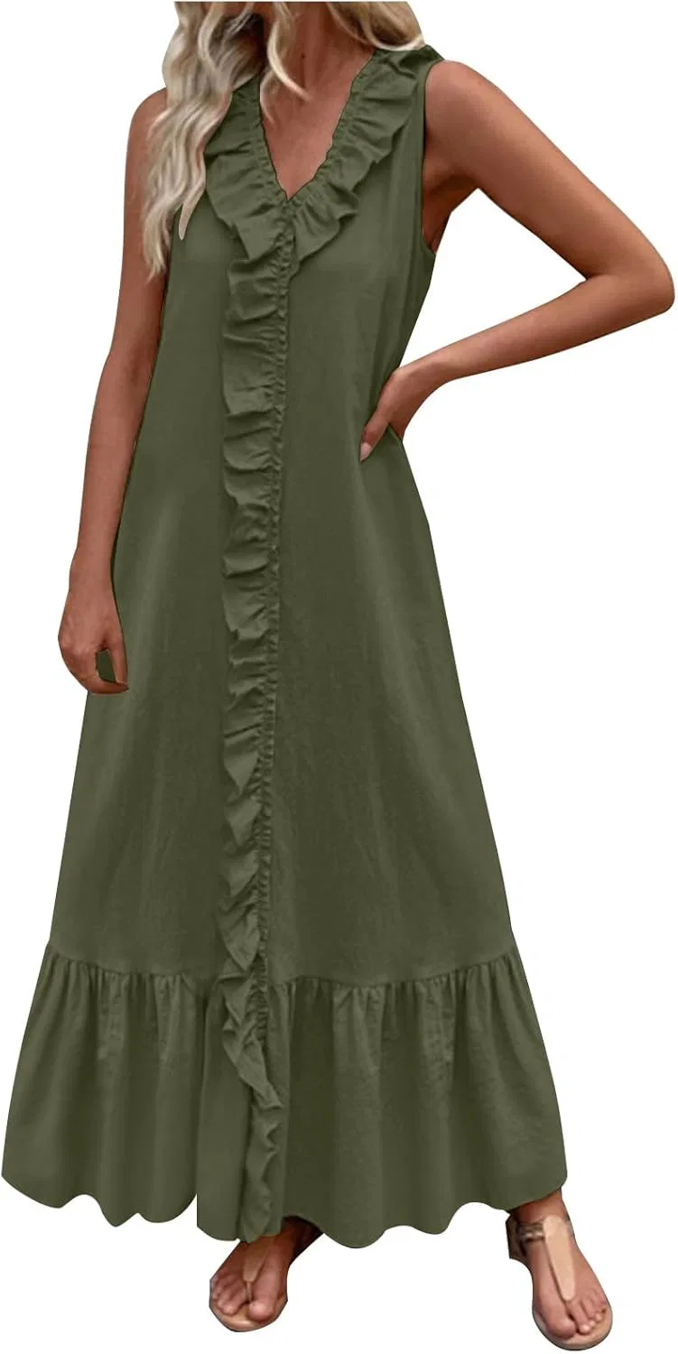 Платье-макси с воланами, Women, Generic, Army Green