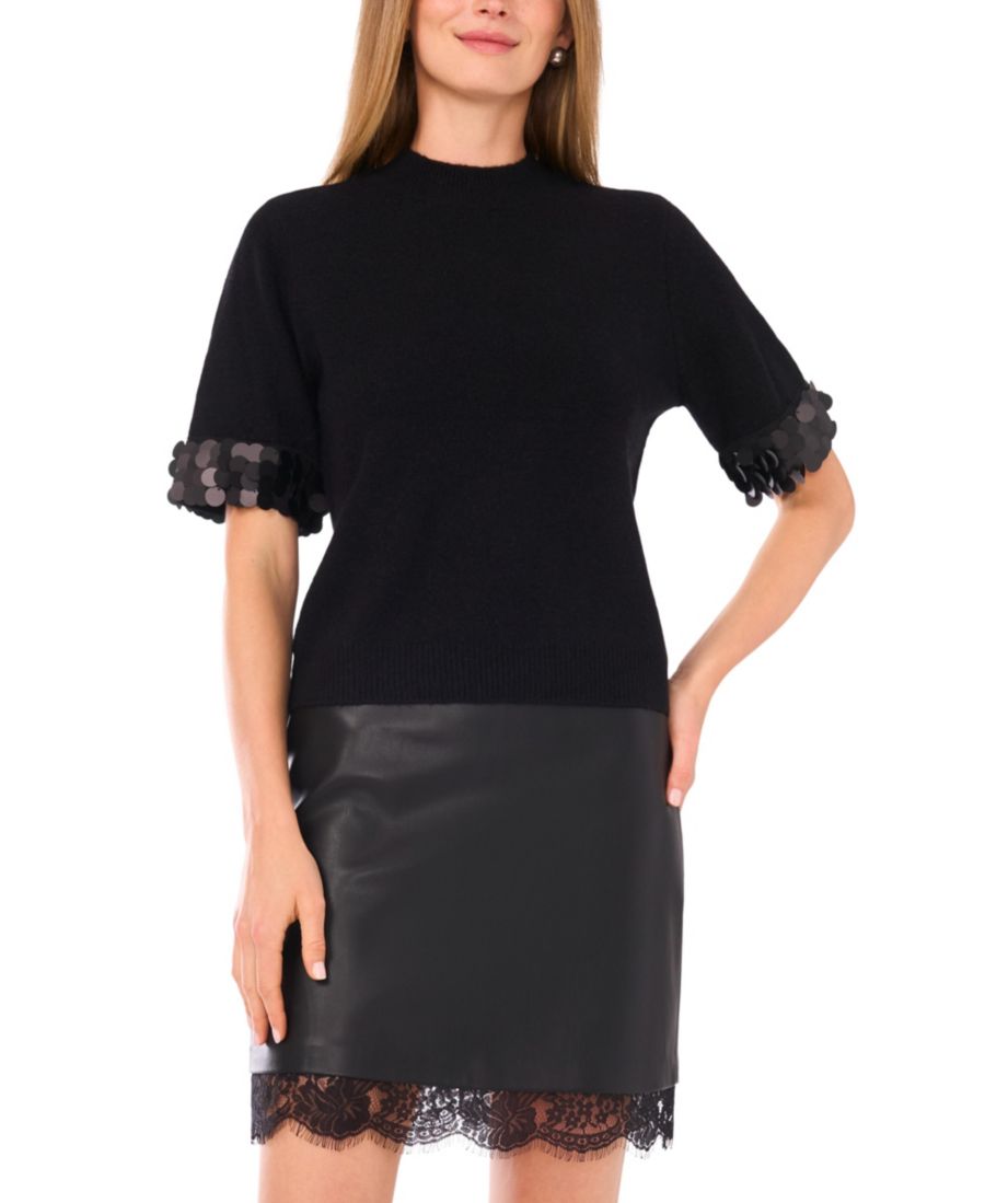 

Женский свитер с коротким рукавом и воротником-стойкой, украшенным пайетками на манжетах Vince Camuto, Rich Black