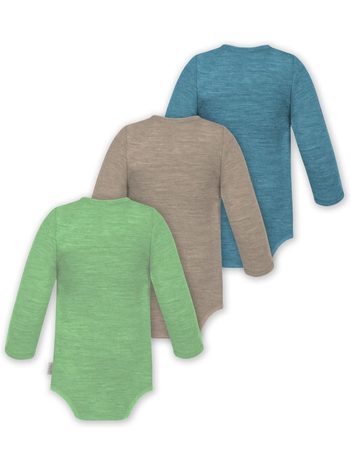 Normani Outdoor Sports Комплект из 3 детских боди с длинными рукавами из мериносовой шерсти, цвет Окленд, синий/бежевый/зеленый — фото 2