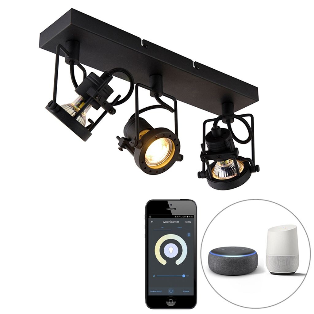 

QAZQA - Industrial I Vintage I Smart Spot I Spotlight I Потолочный точечный светильник I Потолочный точечный светильник I Spotlight I Лампа I Черный точечный светильник с 3 лампами, включая Wi-Fi GU10 - Sulux I Гостиная I Спальня -