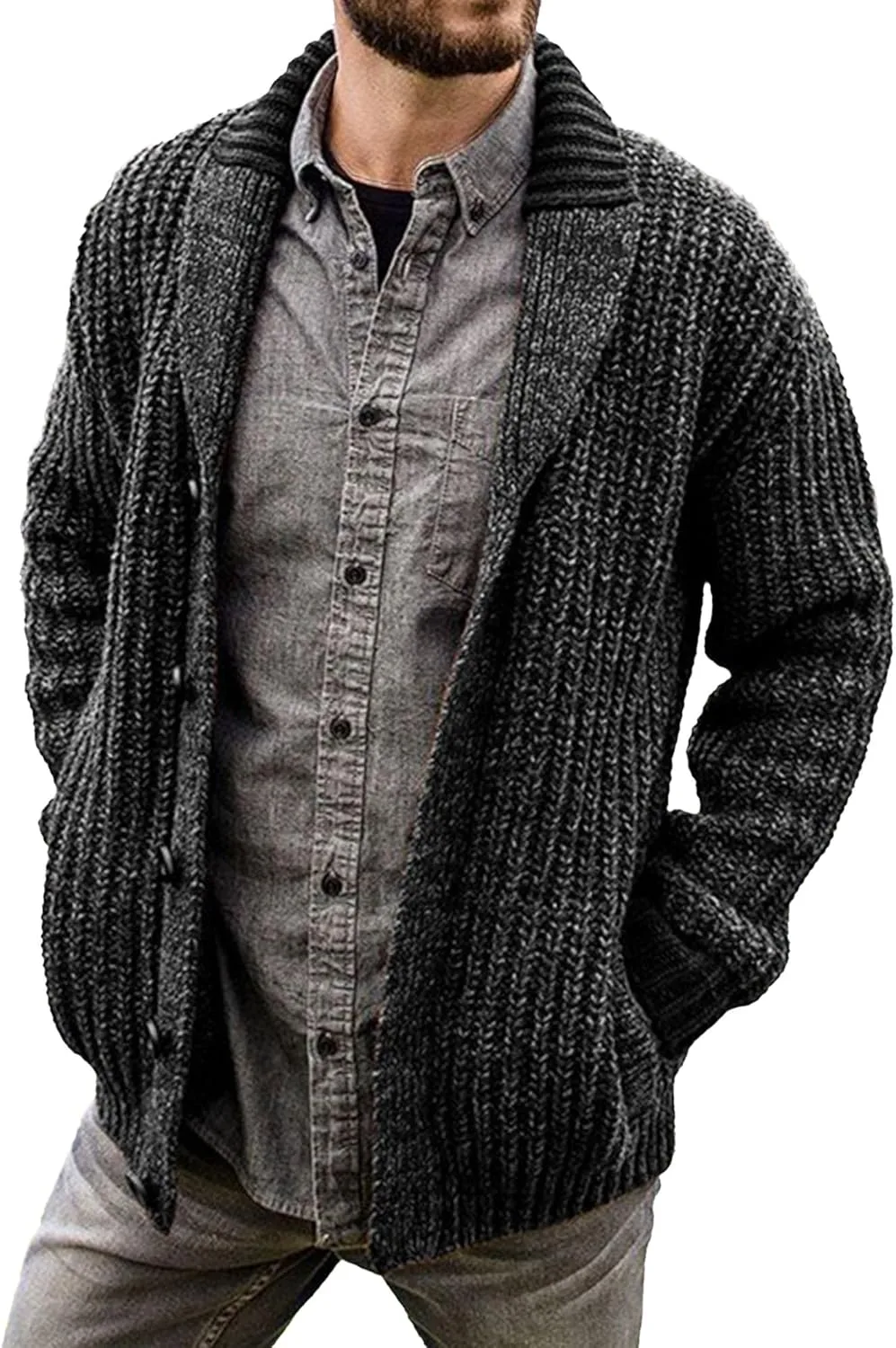 

Мужской кардиган с шалью и кабельной вязкой JEShifangjiusu