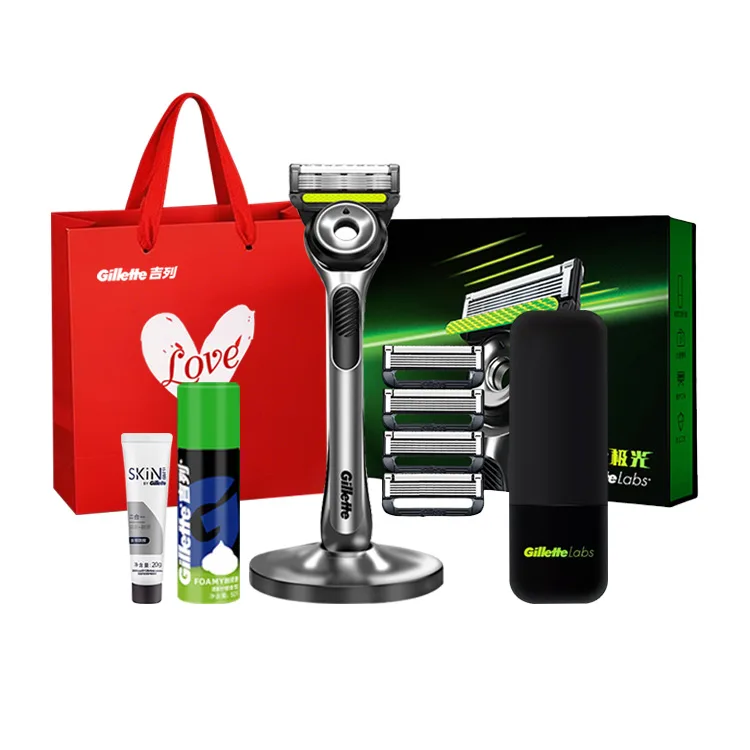 Бритва Aurora Razors с магнитной подставкой Gillette, Aurora Silver 4-Blade Box+Shaving Foam+Cleanser+Love Shopping Bag