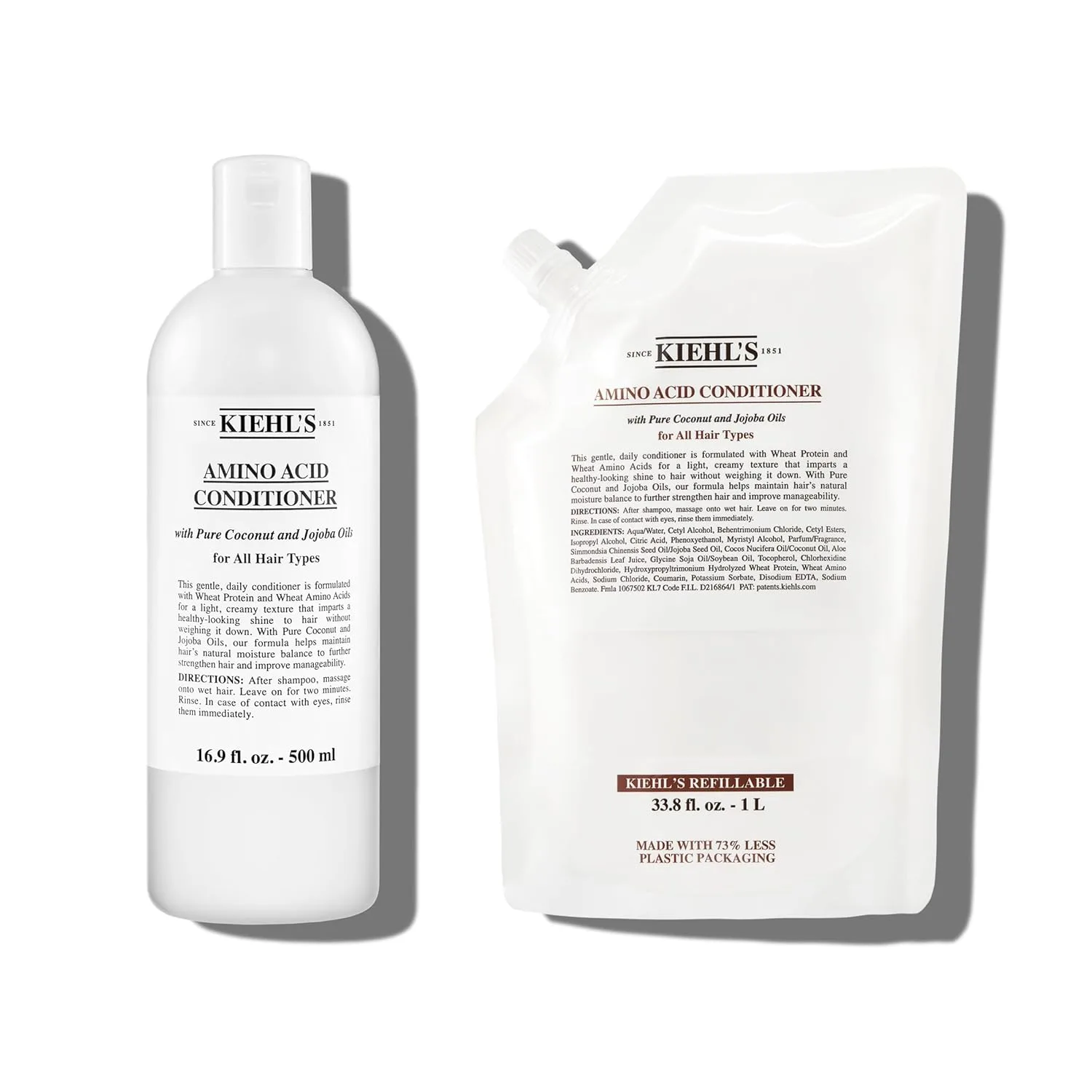 Набор Kiehl's Amino Acid Conditioner Duo: укрепляющее и увлажняющее средство для волос с аминокислотами, маслом жожоба и кокосовым маслом для улучшения управляемости и придания блеска.