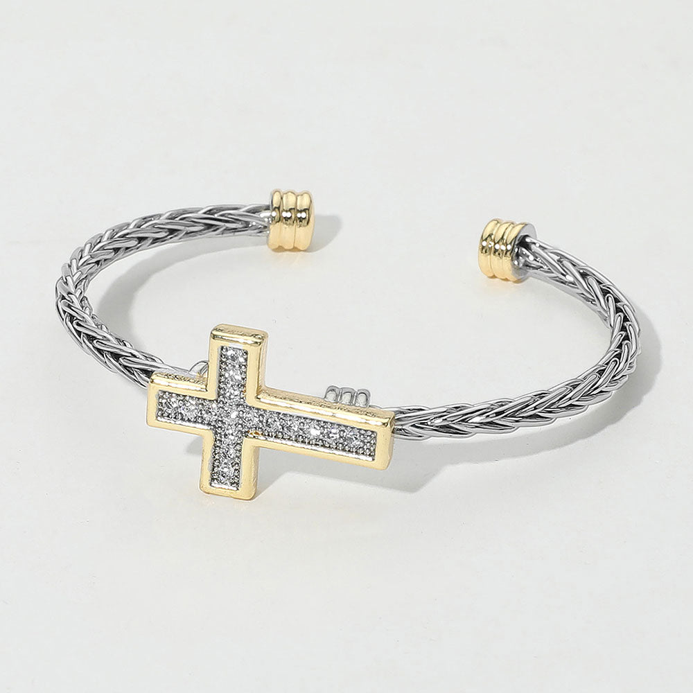 

Двухцветный плетеный браслет-манжета с фианитами и крестообразным акцентом Fashnzfab, Two Tone