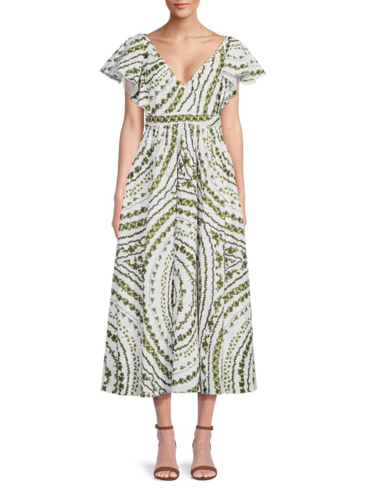 

Платье миди с цветочным принтом и развевающимися рукавами Giambattista Valli, цвет White Green