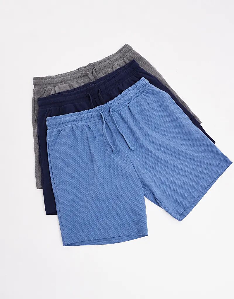 

Комплект из 3 потертых хлопковых шорт для дома с текстурой попкорн синего цвета