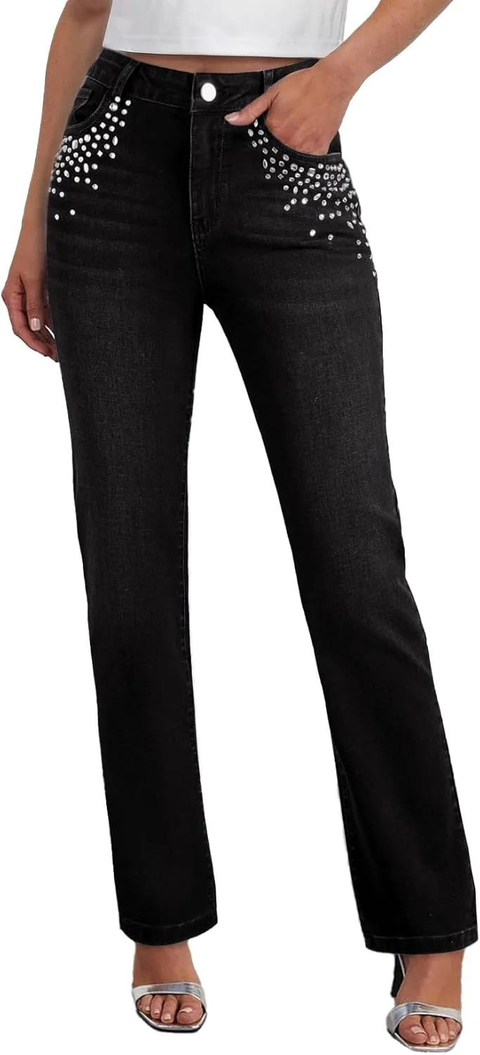 

Sidefeel Женские джинсы прямого кроя с высокой талией, стрейч, с пайетками, широкие