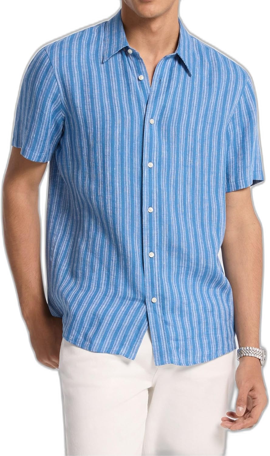 

Michael Kors мужская короткая рукав льняная полосатая классического кроя рубашка, Heritage Blue