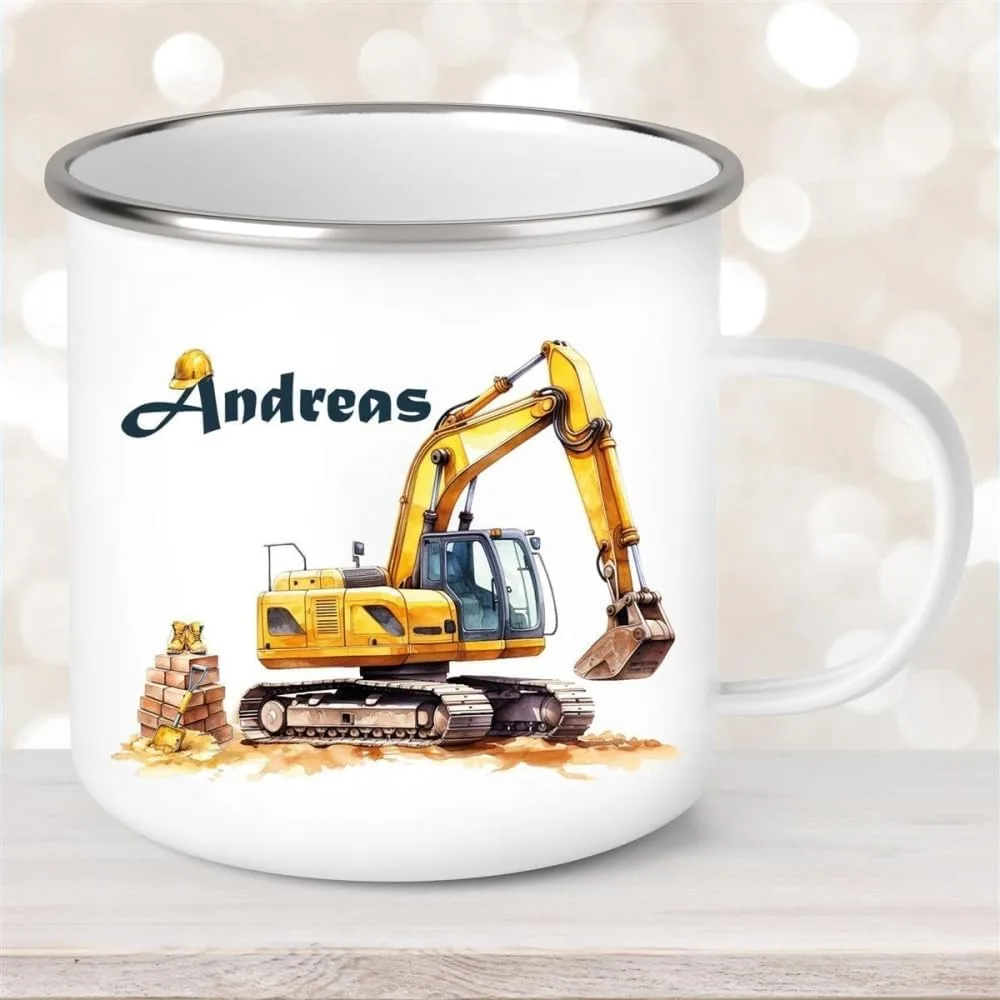 Детская кружка с именем на выбор Construction Site Digger Enamel muckki.de
