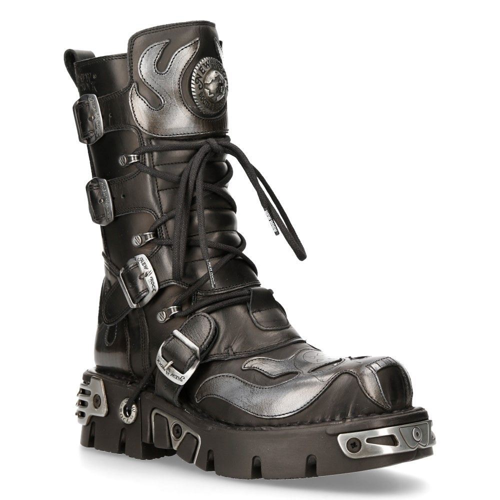 Новые рокерские мотоциклетные ботинки New Rock Flame Accented из черной/серебристой кожи - 107-S2