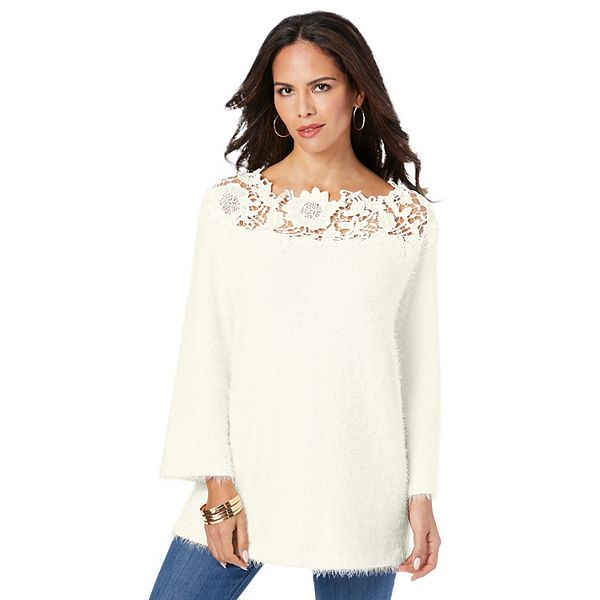 

Свитер с кружевным воротником-стойкой для женщин plus size Roaman'S, Ivory