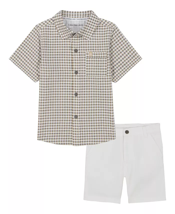 

Детский комплект для мальчиков: рубашка с коротким рукавом в клетку из пике и шорты из твила, 2 предмета Calvin Klein