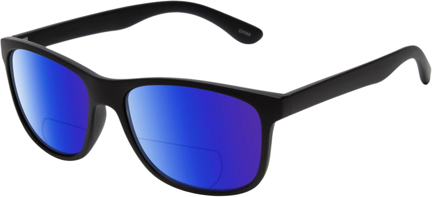 

Солнцезащитные очки Calabria Noah Panthos с поляризованными линзами и бифокальной линзой для чтения, модные и легкие, для мужчин и женщин, Matte Black/Polarized Blue Mirror