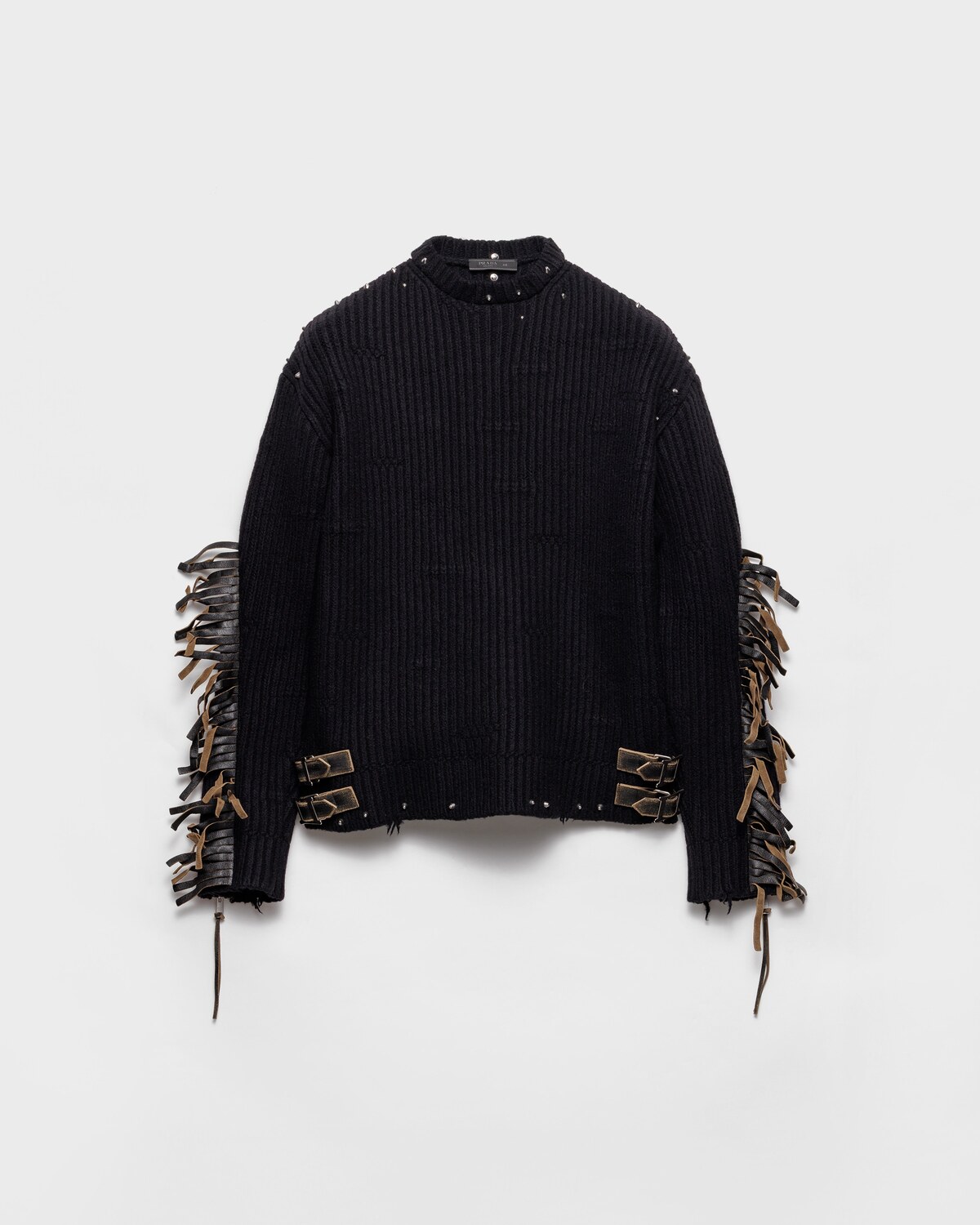 

Шерстяной свитер с круглым вырезом, бахромой и заклепками Prada, черный