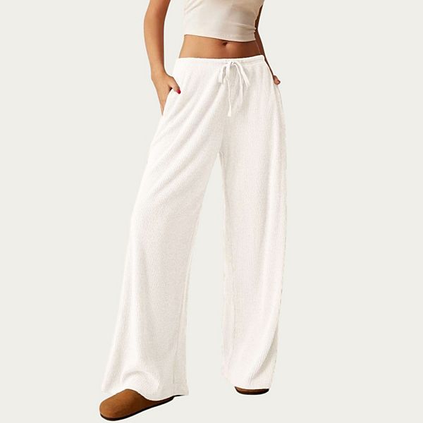 

Женские мягкие ребристые брюки с широкими расслабленными штанинами, регулируемым поясом на шнурке и эластичной тканью Anna-Kaci, Light Beige