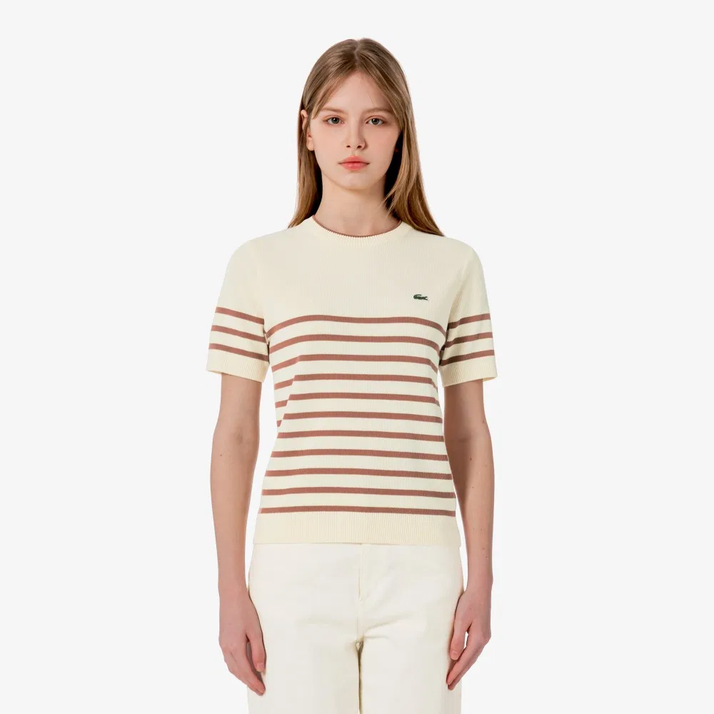 Женский свитер Lacoste с коротким рукавом, полосатый, айвори — фото 4