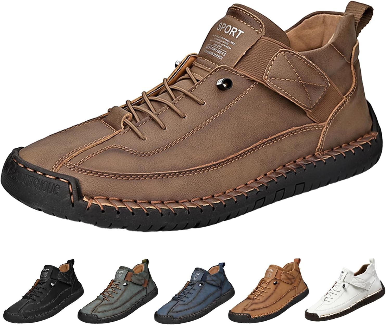 

Мужские повседневные походные кроссовки на открытом воздухе, винтажные модные кроссовки с ручной строчкой, кожаные, удобные, нескользящие, с легким надеванием, для путешествий и бега Hneowgn, коричневый