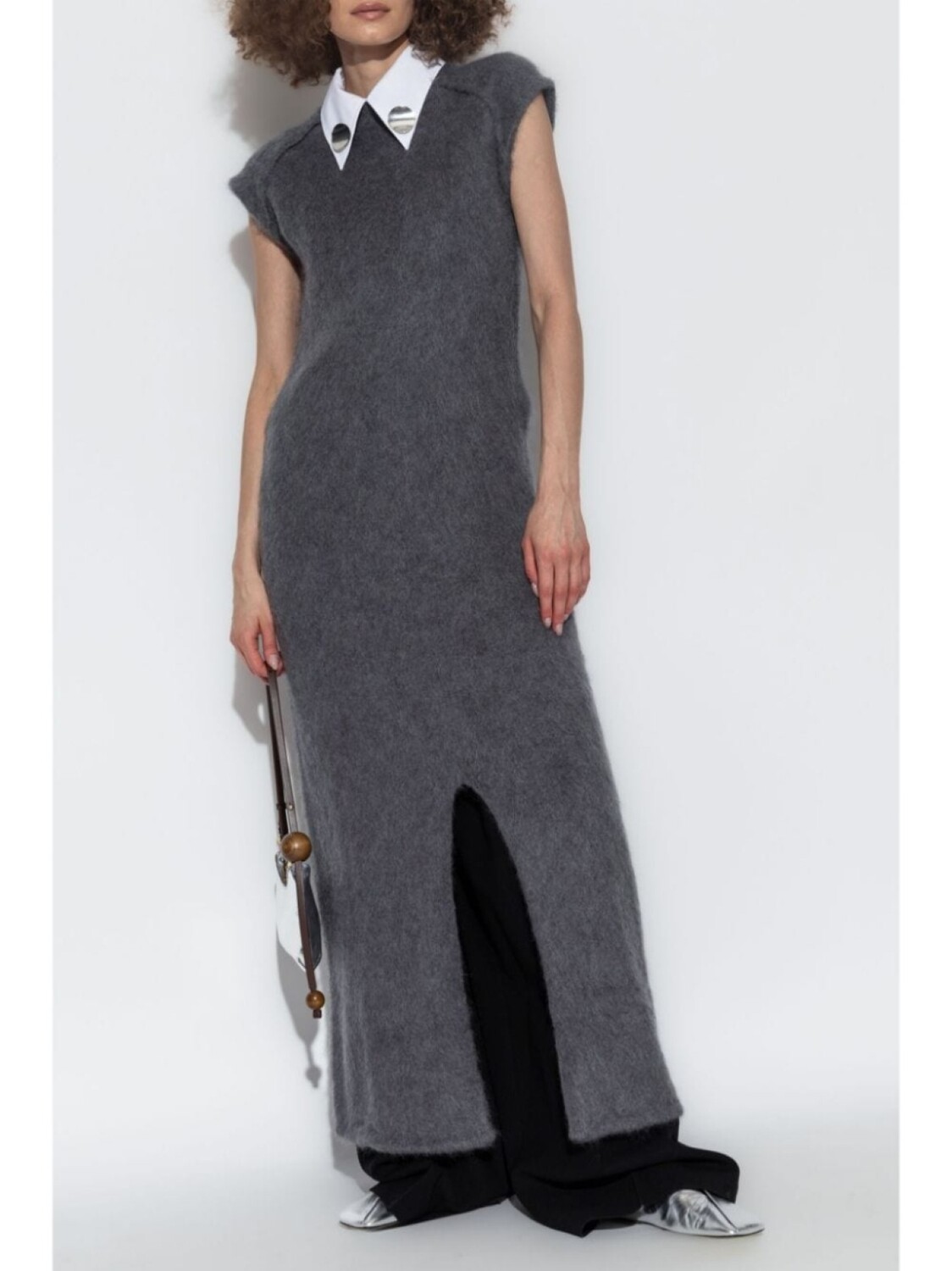 Jil Sander трикотажное макси-платье с разрезом спереди, серый — фото 2